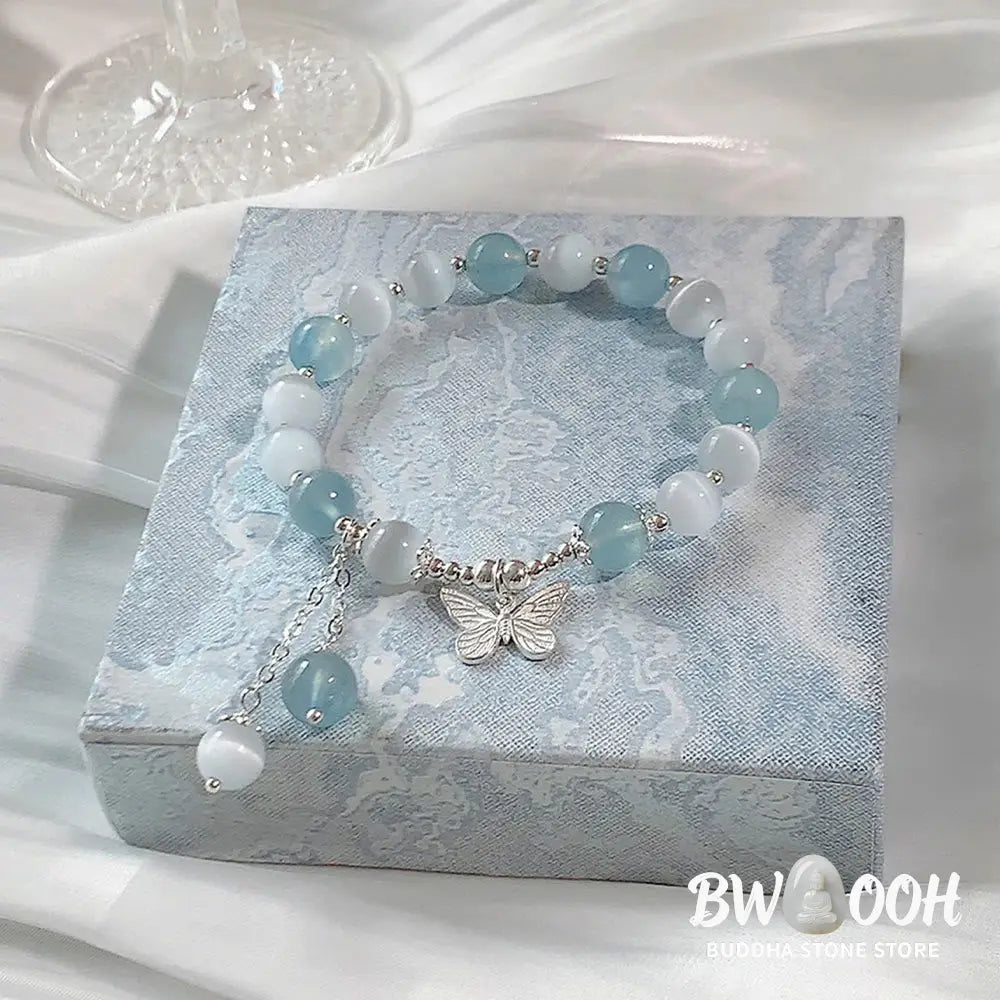 Buddha Stones Cat’s Eye Aquamarine Butterfly Charm Support Bracelet - BWOOOH - Aquamarine(Wrist Circumference 14-16cm)