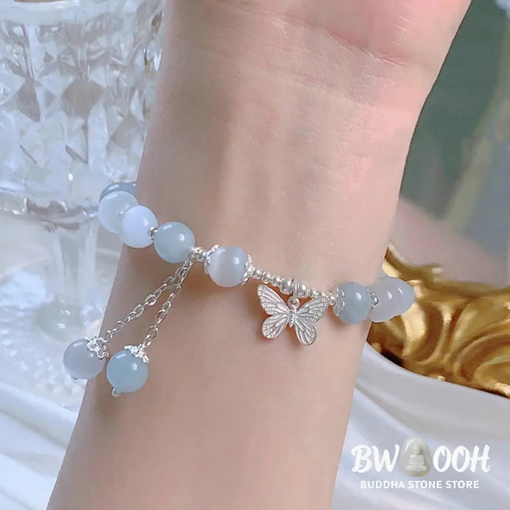 Buddha Stones Cat’s Eye Aquamarine Butterfly Charm Support Bracelet - BWOOOH - Aquamarine(Wrist Circumference 14-16cm)