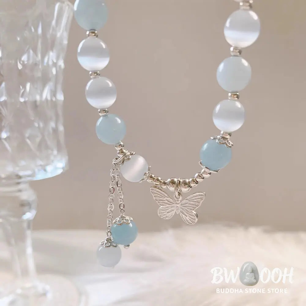 Buddha Stones Cat’s Eye Aquamarine Butterfly Charm Support Bracelet - BWOOOH - Aquamarine(Wrist Circumference 14-16cm)