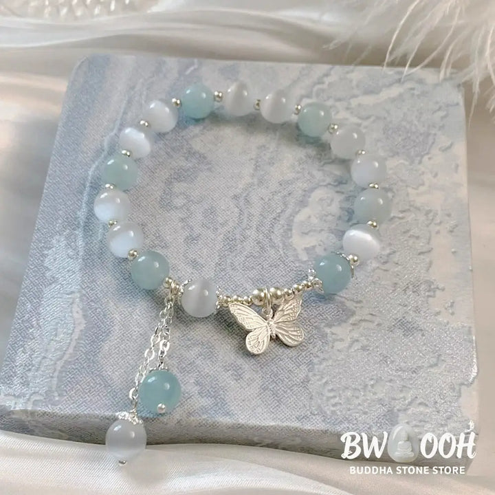 Buddha Stones Cat’s Eye Aquamarine Butterfly Charm Support Bracelet - BWOOOH - Aquamarine(Wrist Circumference 14-16cm)