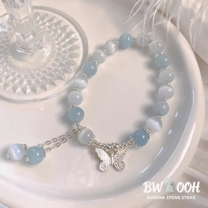 Buddha Stones Cat’s Eye Aquamarine Butterfly Charm Support Bracelet - BWOOOH - Aquamarine(Wrist Circumference 14-16cm)
