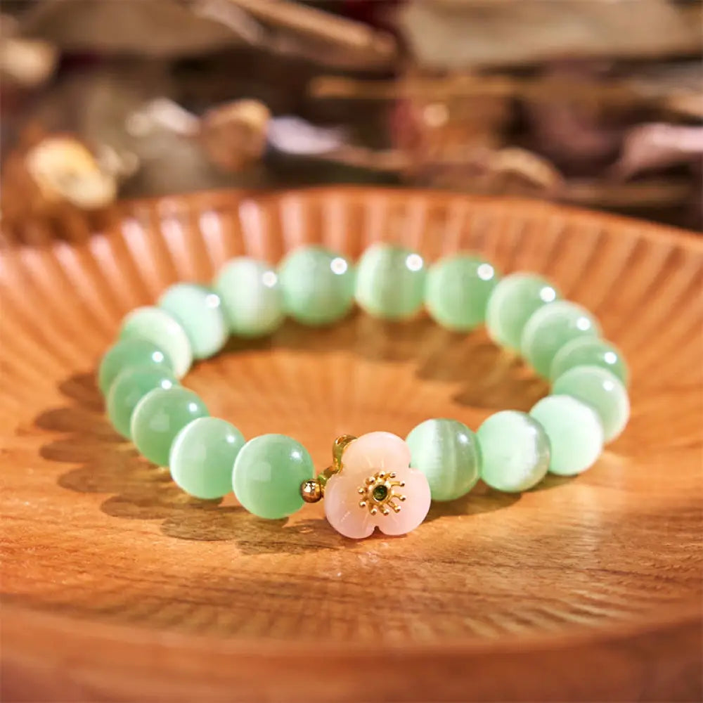 Buddha Stones Cat’s Eye Chrysoberyl Flower Love Bracelet - BWOOOH - Green Cat’s Eye(Wrist Circumference: 14-17cm)