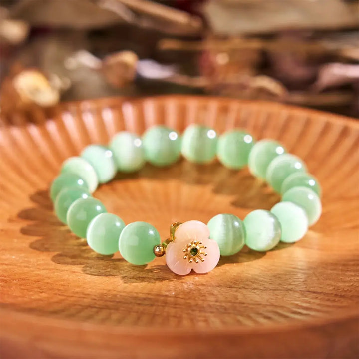 Buddha Stones Cat’s Eye Chrysoberyl Flower Love Bracelet - BWOOOH - Green Cat’s Eye(Wrist Circumference: 14-17cm)