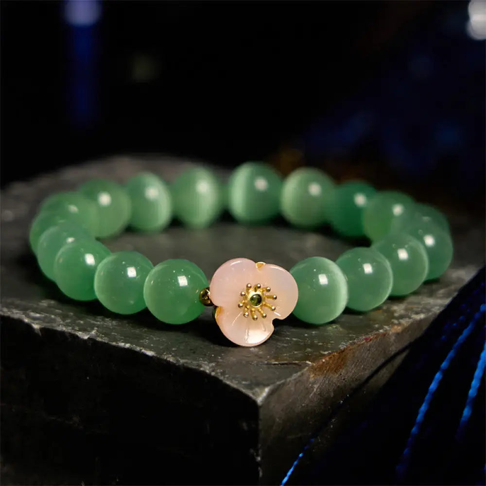 Buddha Stones Cat’s Eye Chrysoberyl Flower Love Bracelet - BWOOOH - Green Cat’s Eye(Wrist Circumference: 14-17cm)
