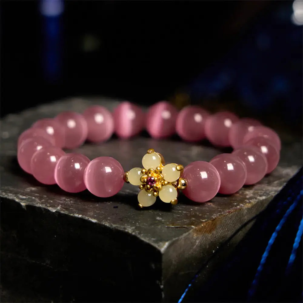 Buddha Stones Cat’s Eye Chrysoberyl Flower Love Bracelet - BWOOOH - Pink Cat’s Eye(Wrist Circumference: 14-17cm)
