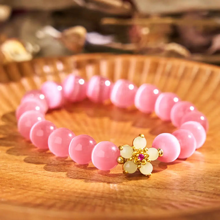 Buddha Stones Cat’s Eye Chrysoberyl Flower Love Bracelet - BWOOOH - Pink Cat’s Eye(Wrist Circumference: 14-17cm)