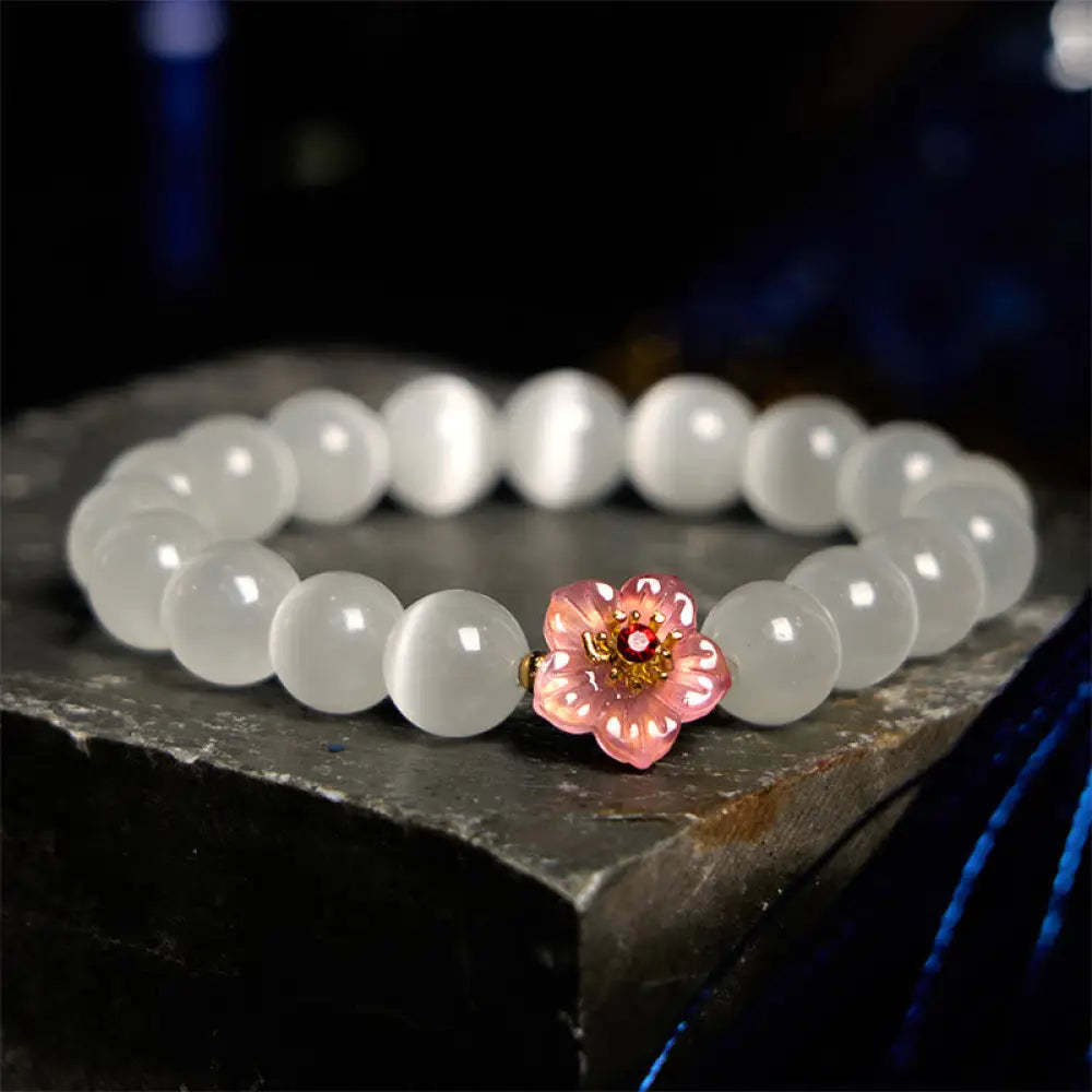 Buddha Stones Cat’s Eye Chrysoberyl Flower Love Bracelet - BWOOOH - White Cat’s Eye(Wrist Circumference: 14-17cm)