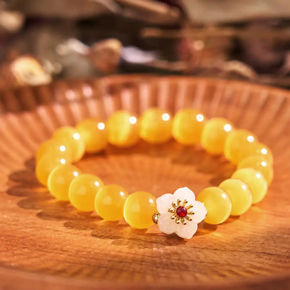 Buddha Stones Cat’s Eye Chrysoberyl Flower Love Bracelet - BWOOOH - Yellow Cat’s Eye(Wrist Circumference: 14-17cm)