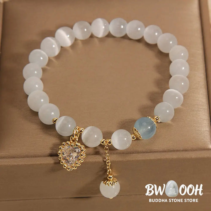 Buddha Stones Cat’s Eye Crystal Heart Zircon Charm Peace Love Bracelet - BWOOOH - Cat’s Eye(Wrist Circumference: