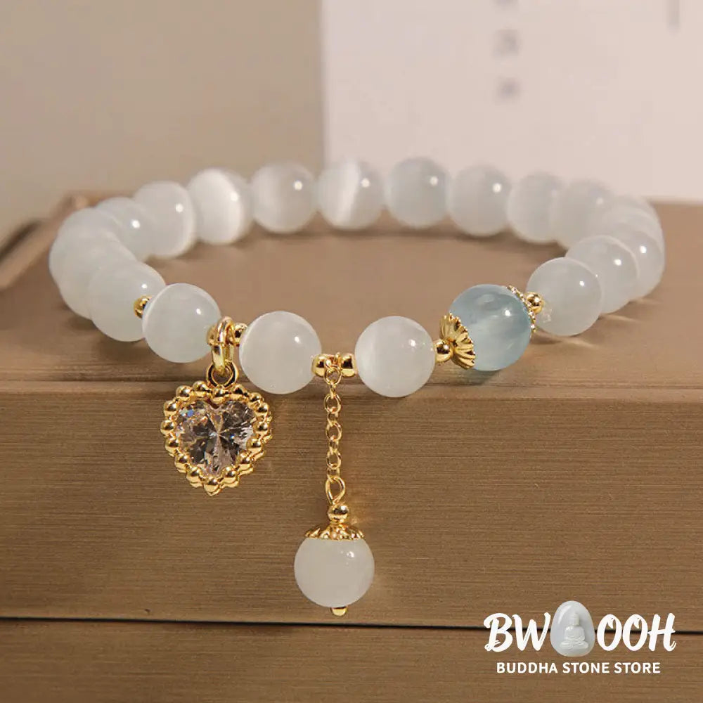 Buddha Stones Cat’s Eye Crystal Heart Zircon Charm Peace Love Bracelet - BWOOOH - Cat’s Eye(Wrist Circumference: