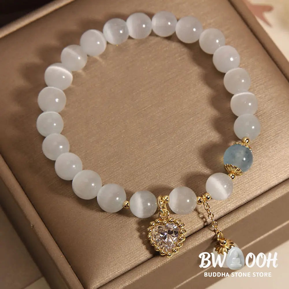 Buddha Stones Cat’s Eye Crystal Heart Zircon Charm Peace Love Bracelet - BWOOOH - Cat’s Eye(Wrist Circumference: