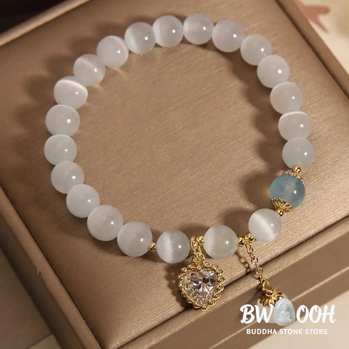 Buddha Stones Cat’s Eye Crystal Heart Zircon Charm Peace Love Bracelet - BWOOOH - Cat’s Eye(Wrist Circumference:
