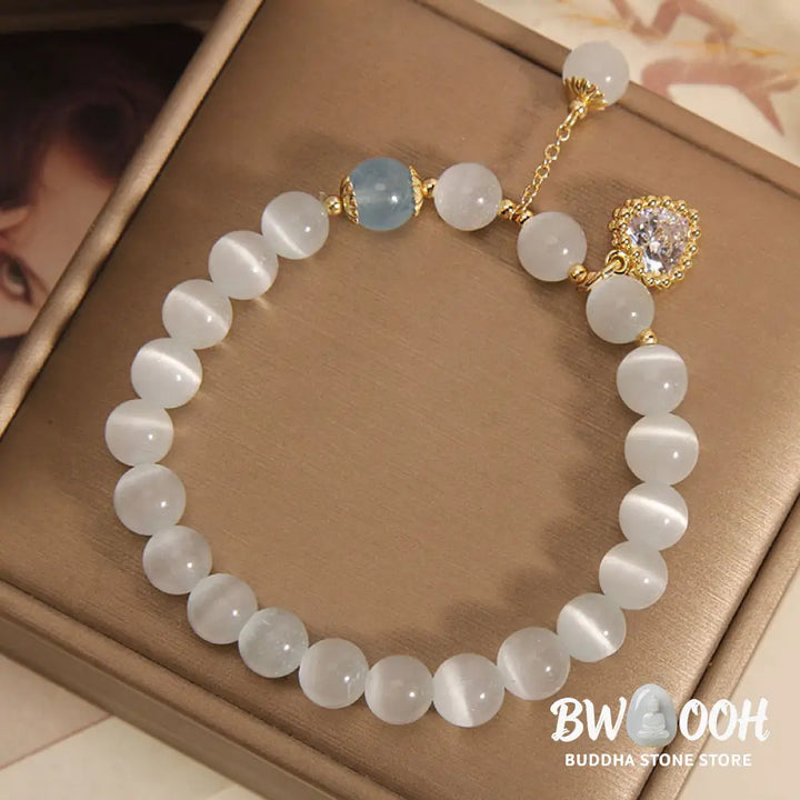 Buddha Stones Cat’s Eye Crystal Heart Zircon Charm Peace Love Bracelet - BWOOOH - Cat’s Eye(Wrist Circumference: