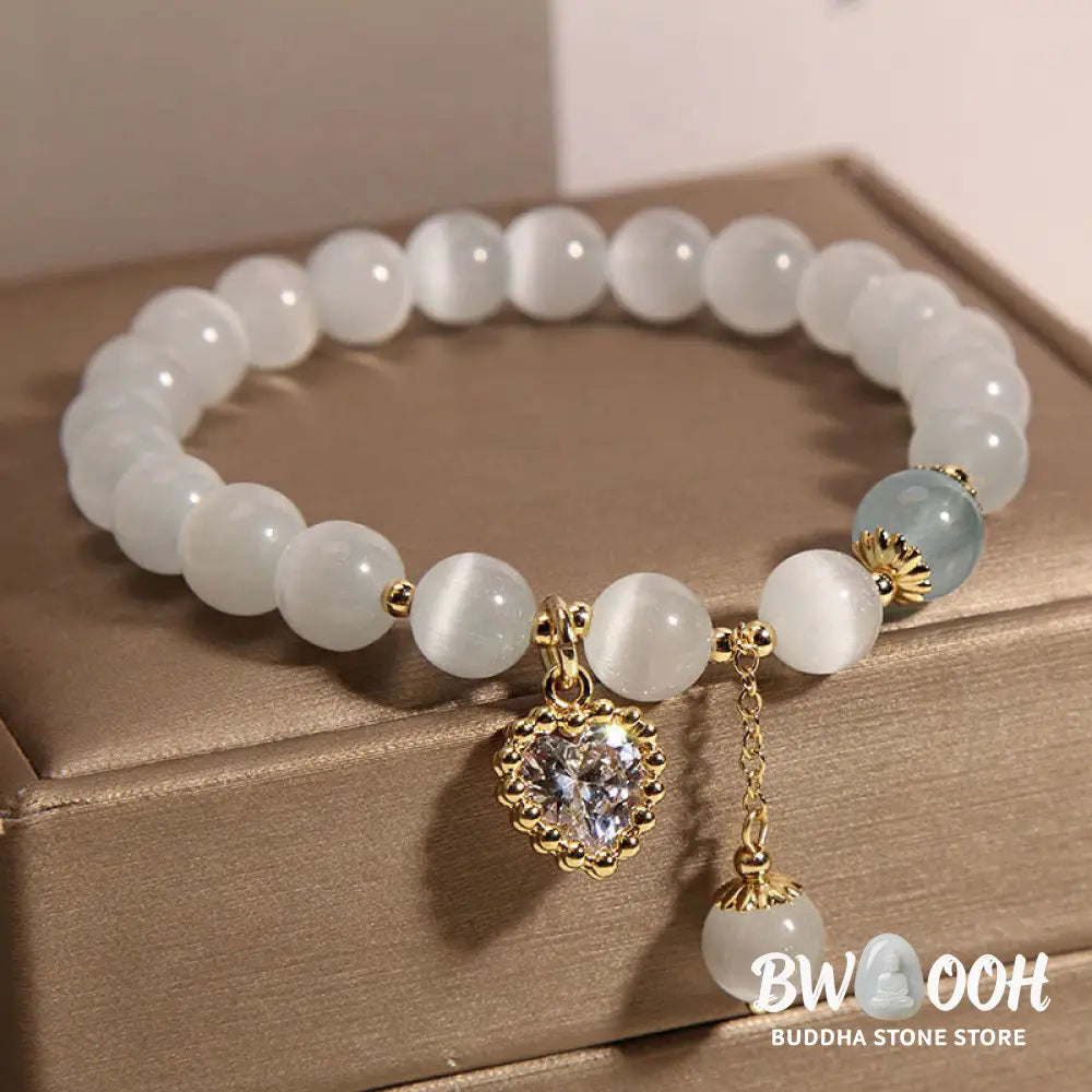 Buddha Stones Cat’s Eye Crystal Heart Zircon Charm Peace Love Bracelet - BWOOOH - Cat’s Eye(Wrist Circumference: