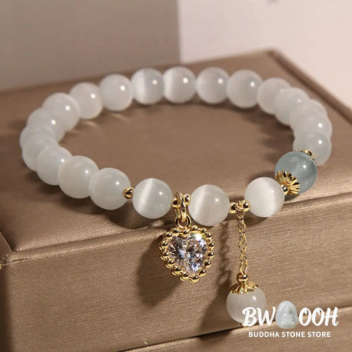 Buddha Stones Cat’s Eye Crystal Heart Zircon Charm Peace Love Bracelet - BWOOOH - Cat’s Eye(Wrist Circumference: