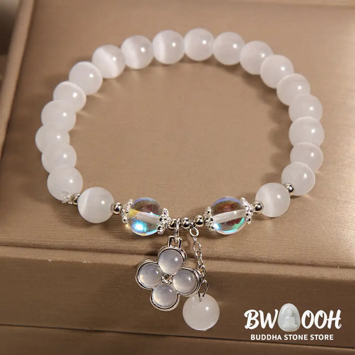Buddha Stones Cat’s Eye Crystal Lucky Four Leaf Clover Charm Love Bracelet - BWOOOH - Cat’s Eye(Wrist Circumference
