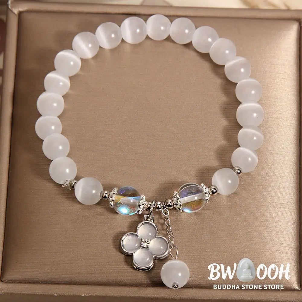 Buddha Stones Cat’s Eye Crystal Lucky Four Leaf Clover Charm Love Bracelet - BWOOOH - Cat’s Eye(Wrist Circumference