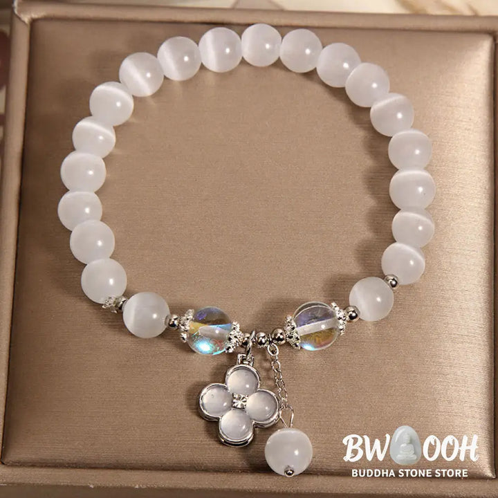 Buddha Stones Cat’s Eye Crystal Lucky Four Leaf Clover Charm Love Bracelet - BWOOOH - Cat’s Eye(Wrist Circumference