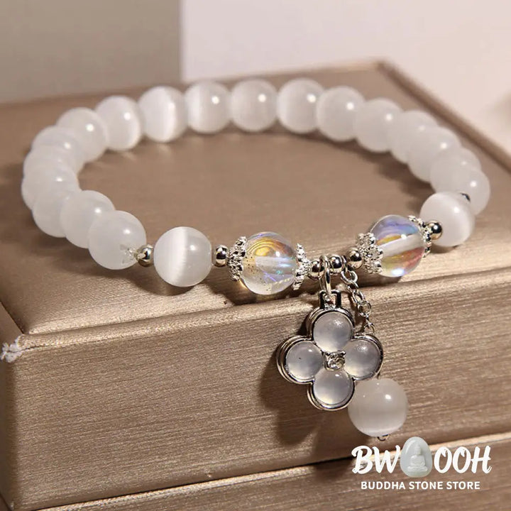 Buddha Stones Cat’s Eye Crystal Lucky Four Leaf Clover Charm Love Bracelet - BWOOOH - Cat’s Eye(Wrist Circumference