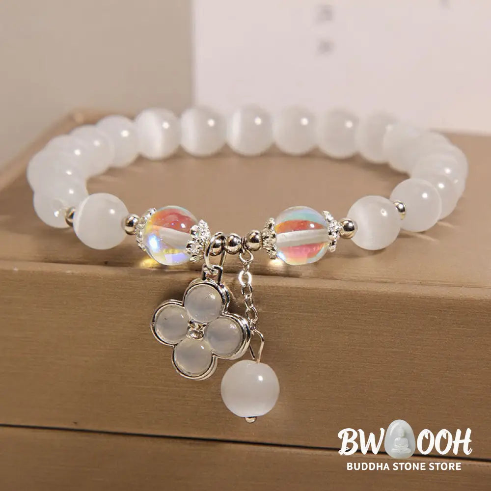 Buddha Stones Cat’s Eye Crystal Lucky Four Leaf Clover Charm Love Bracelet - BWOOOH - Cat’s Eye(Wrist Circumference