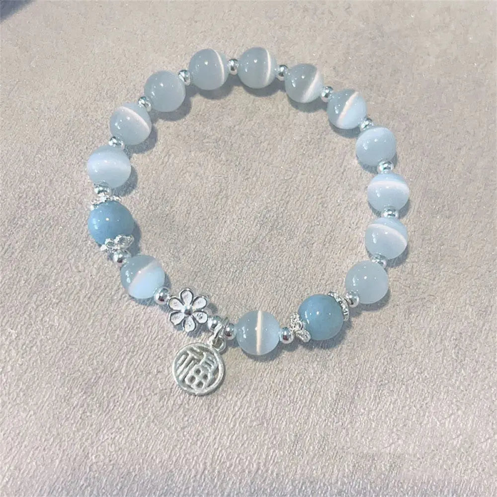 Buddha Stones Cat’s Eye Crystal Peach Blossom Bell Fu Character Charm Support Bracelet - BWOOOH - Cat’s Eye&amp;Blue