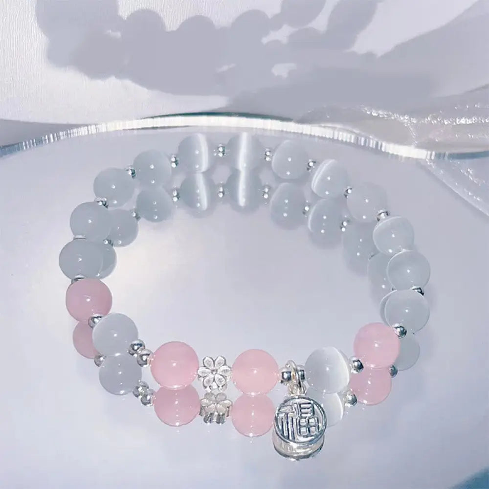 Buddha Stones Cat’s Eye Crystal Peach Blossom Bell Fu Character Charm Support Bracelet - BWOOOH - Cat’s Eye&amp;Pink