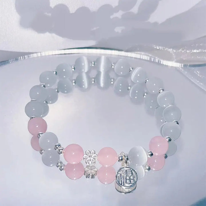 Buddha Stones Cat’s Eye Crystal Peach Blossom Bell Fu Character Charm Support Bracelet - BWOOOH - Cat’s Eye&amp;Pink