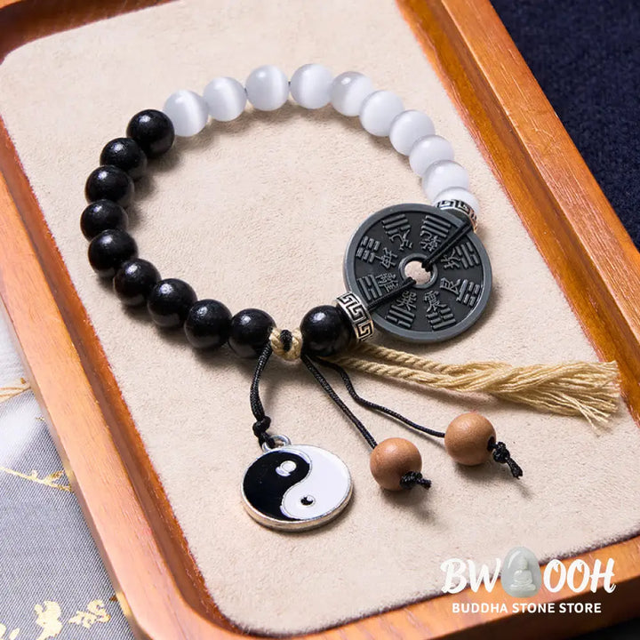 Buddha Stones Cat’s Eye Ebony Wood Yin Yang Bagua Coin Support Rope Bracelet - BWOOOH - Cat’s Eye Ebony Wood(Wrist
