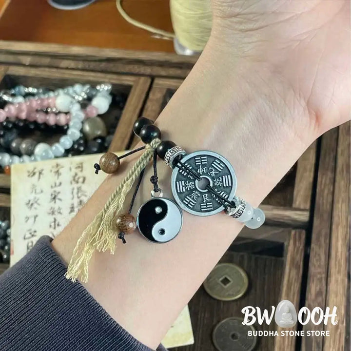 Buddha Stones Cat’s Eye Ebony Wood Yin Yang Bagua Coin Support Rope Bracelet - BWOOOH - Cat’s Eye Ebony Wood(Wrist