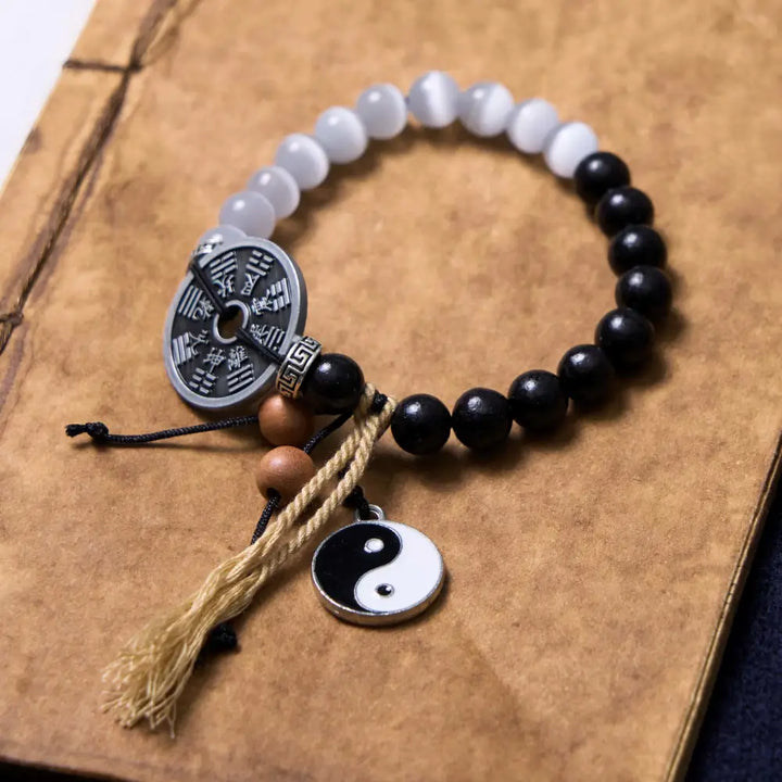BWOOOH Cat’s Eye Ebony Wood Yin Yang Bagua Coin Support Rope Bracelet - BWOOOH - Cat’s Eye Ebony Wood(Wrist