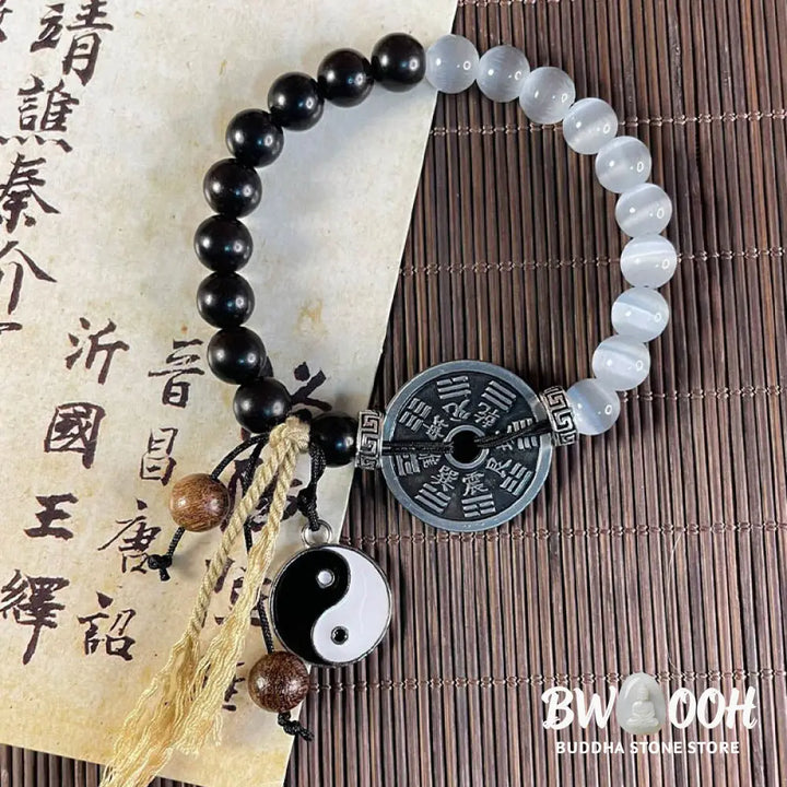 Buddha Stones Cat’s Eye Ebony Wood Yin Yang Bagua Coin Support Rope Bracelet - BWOOOH - Cat’s Eye Ebony Wood(Wrist