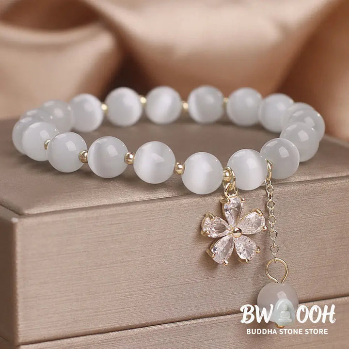 Buddha Stones Cat’s Eye Flower Charm Peace Support Bracelet - BWOOOH - Cat’s Eye(Wrist Circumference 14-16cm) - Bracelet