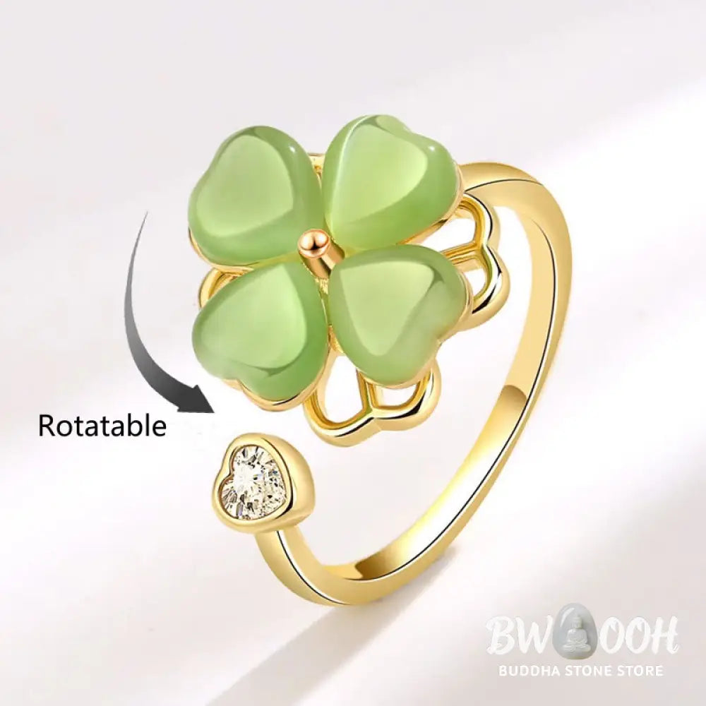 Buddha Stones Cat’s Eye Four Leaf Clover Zircon Love Rotatable Ring - BWOOOH - Cat’s Eye(Peace♥Support) - Ring