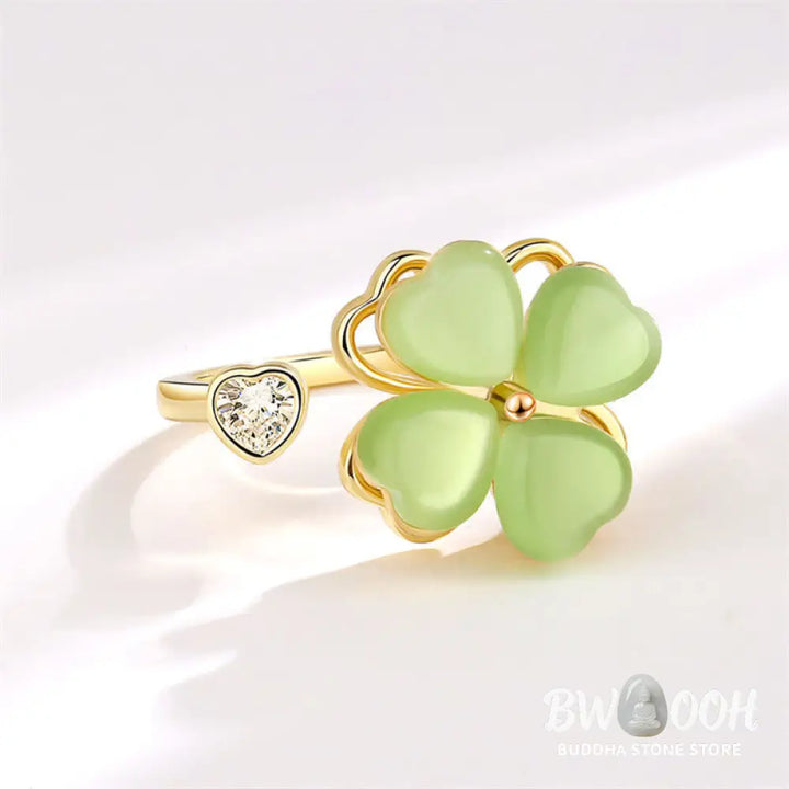 Buddha Stones Cat’s Eye Four Leaf Clover Zircon Love Rotatable Ring - BWOOOH - Cat’s Eye(Peace♥Support) - Ring
