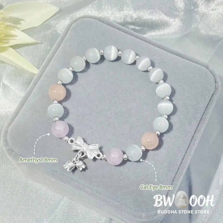 Buddha Stones Cat’s Eye Lavender Amethyst Rosette Charm Bracelet - BWOOOH - Cat’s Eye&amp;Lavender Amethyst - Bracelet