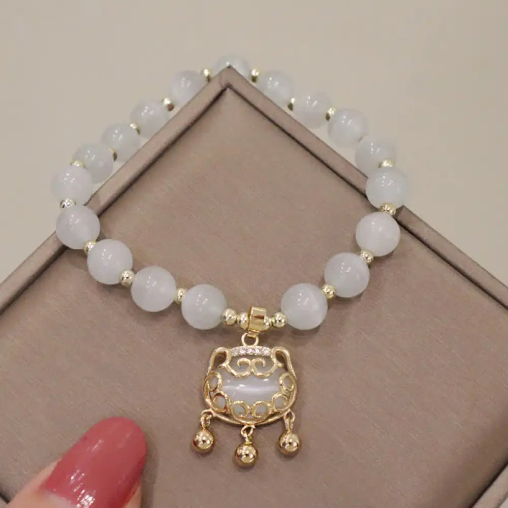 Buddha Stones Cat’s Eye Lovely Cat Pattern Pearl Love Charm Bracelet - BWOOOH - Blessing Lock - Bracelet