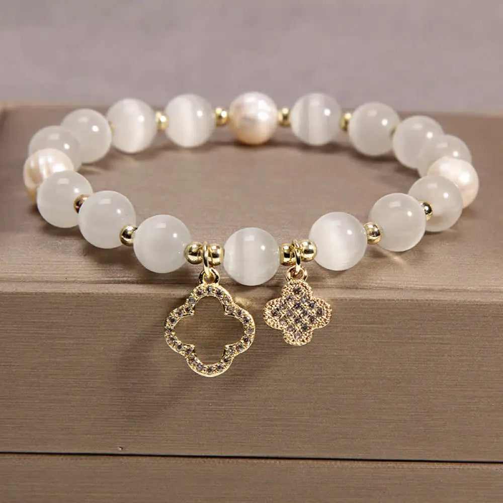 Buddha Stones Cat’s Eye Lovely Cat Pattern Pearl Love Charm Bracelet - BWOOOH - Clover - Bracelet