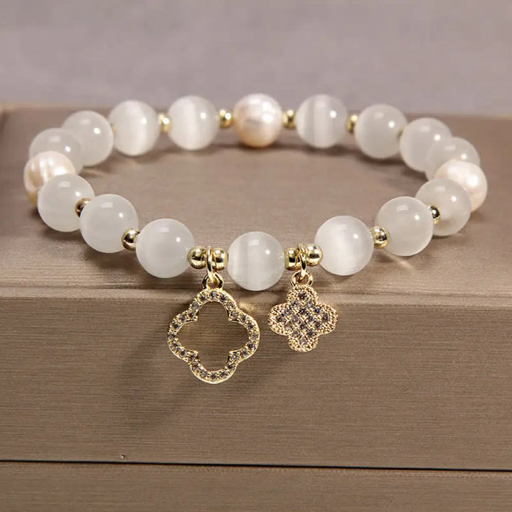 Buddha Stones Cat’s Eye Lovely Cat Pattern Pearl Love Charm Bracelet - BWOOOH - Clover - Bracelet