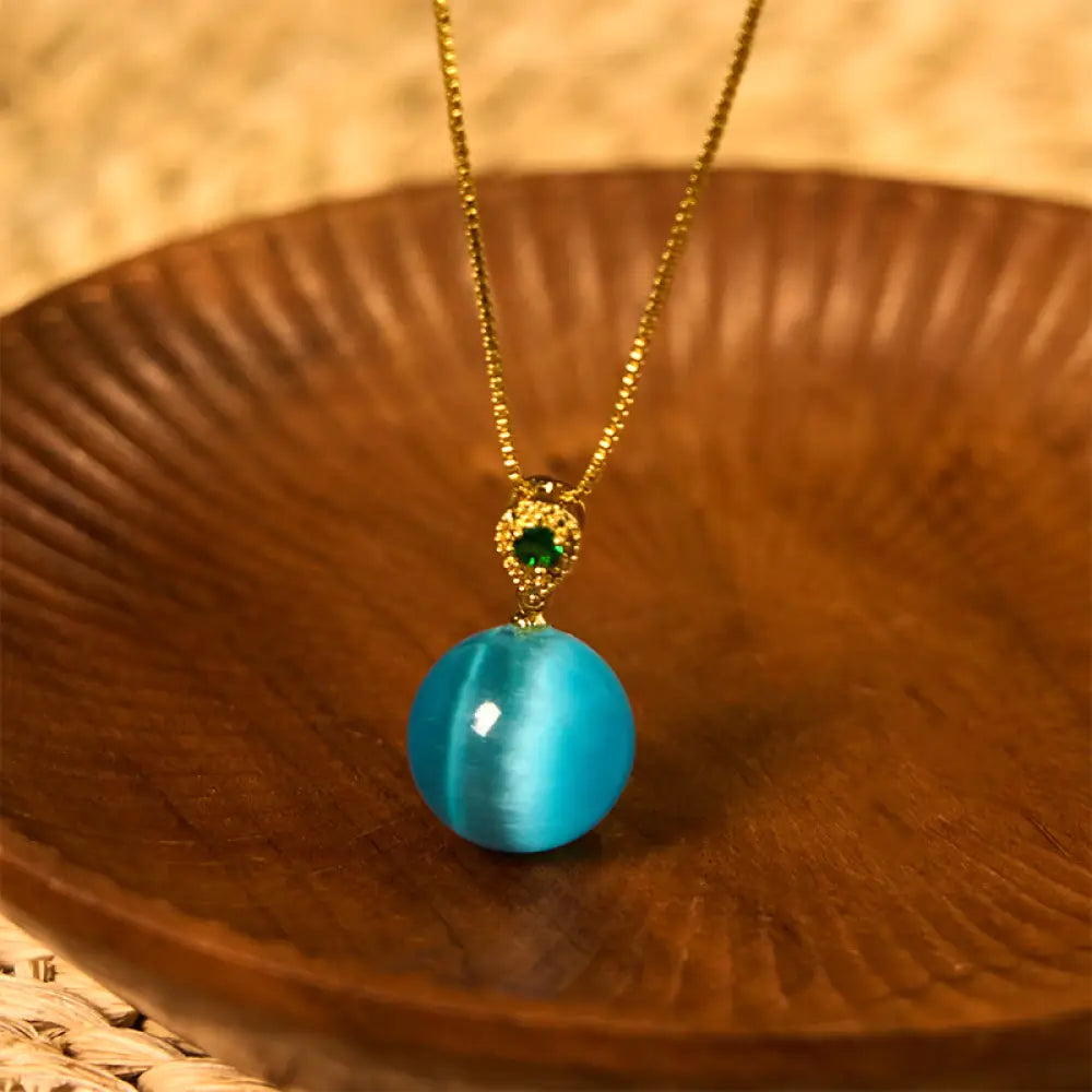 Buddha Stones Cat’s Eye Round Ball Confidence Necklace Pendant - BWOOOH - Blue Cat’s Eye - Necklaces & Pendants