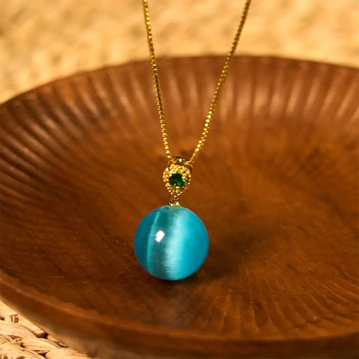 Buddha Stones Cat’s Eye Round Ball Confidence Necklace Pendant - BWOOOH - Blue Cat’s Eye - Necklaces &amp; Pendants