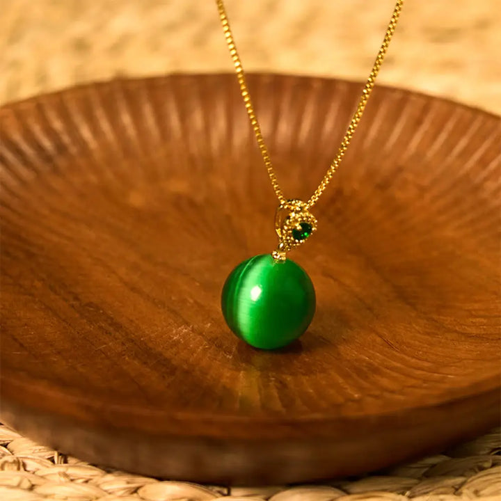 Buddha Stones Cat’s Eye Round Ball Confidence Necklace Pendant - BWOOOH - Green Cat’s Eye - Necklaces &amp; Pendants