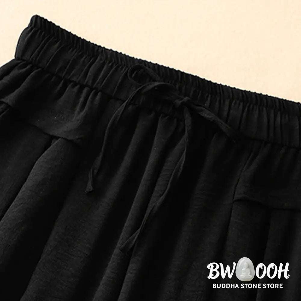 Buddha Stones Causal Ethnic Simple Drawstring Design Women’s Wide Leg Cropped Pants With Pockets - Women’s Wide Leg