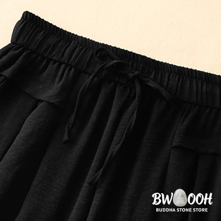 Buddha Stones Causal Ethnic Simple Drawstring Design Women’s Wide Leg Cropped Pants With Pockets - Women’s Wide Leg