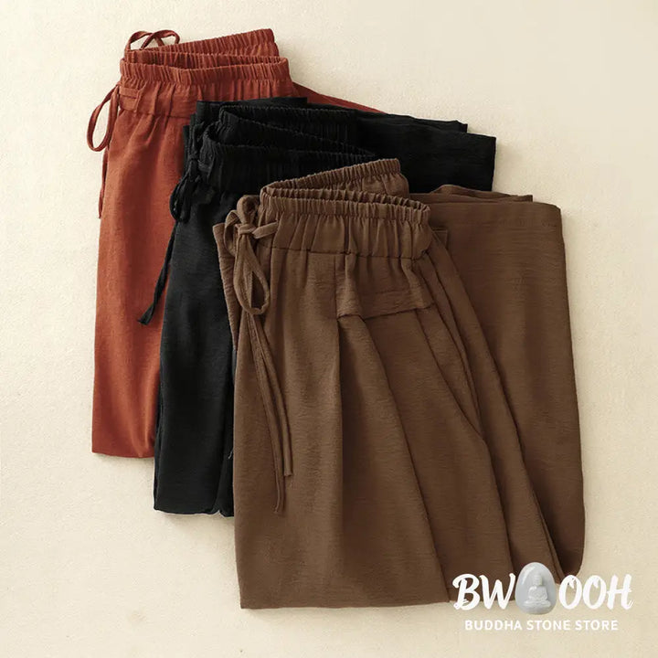 Buddha Stones Causal Ethnic Simple Drawstring Design Women’s Wide Leg Cropped Pants With Pockets - Women’s Wide Leg
