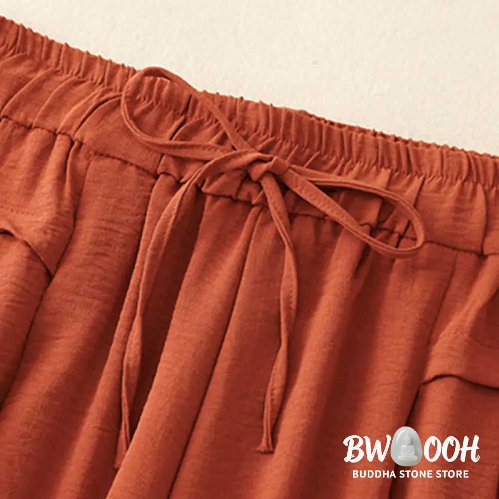 Buddha Stones Causal Ethnic Simple Drawstring Design Women’s Wide Leg Cropped Pants With Pockets - Women’s Wide Leg