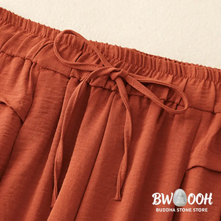 Buddha Stones Causal Ethnic Simple Drawstring Design Women’s Wide Leg Cropped Pants With Pockets - Women’s Wide Leg
