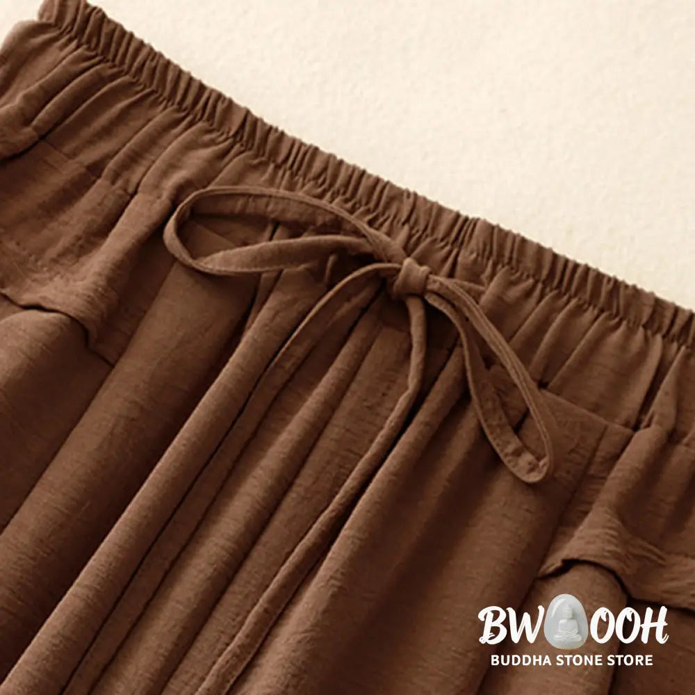 Buddha Stones Causal Ethnic Simple Drawstring Design Women’s Wide Leg Cropped Pants With Pockets - Women’s Wide Leg