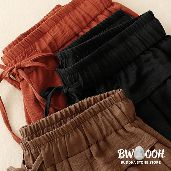 Buddha Stones Causal Ethnic Simple Drawstring Design Women’s Wide Leg Cropped Pants With Pockets - Women’s Wide Leg