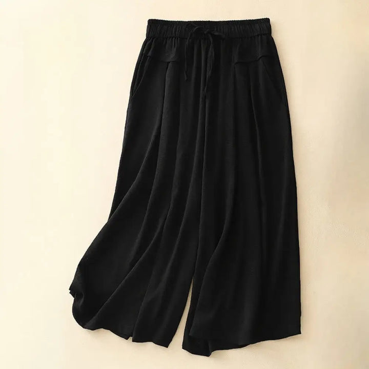 Buddha Stones Causal Ethnic Simple Drawstring Design Women’s Wide Leg Cropped Pants With Pockets - Black