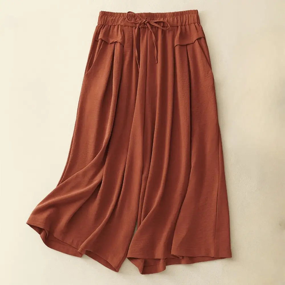 Buddha Stones Causal Ethnic Simple Drawstring Design Women’s Wide Leg Cropped Pants With Pockets - Chocolate